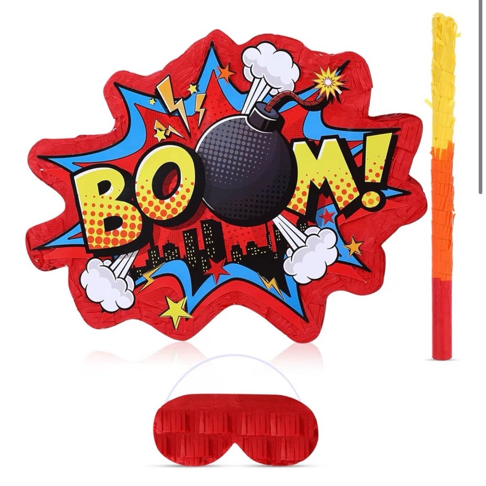 BOOM! Red Comic Party Pinata with Blindfold and Bat